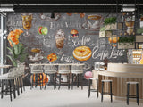High-Quality Peel and Stick Full-Wall Mural Wallpaper, Vibrant Wallpaper for Kitchen Design, Interior Idea for Café or Restaurant — "Coffee and Dessert on a Dark Background"