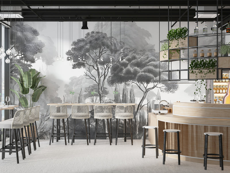 Vintage Style Art Print Graphic Non-Woven Wallpaper Black And White, Grey Shade For Office, Living Room, Bedroom 'Black And White Landscape: Forest Harmony' 🌲