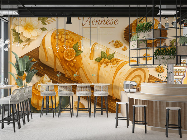 Wall mural for kitchen "Pumpkin Desserts" – full wall self-adhesive wallpaper, art design for cafes in French cuisine style 🍰