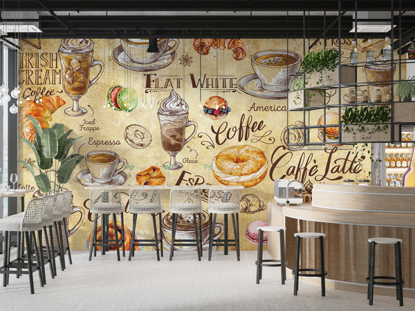 Non-woven wallpaper, vibrant wall decor for kitchen or café – "Coffee and Dessert in Vintage Style"