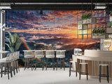 Non-Woven Wallpaper Panoramic Mountain Sunset Wall Art with Rainbow for Bedroom