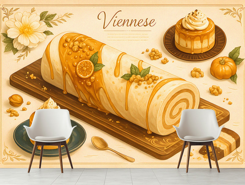 Wall mural for kitchen "Pumpkin Desserts" – full wall self-adhesive wallpaper, art design for cafes in French cuisine style 🍰