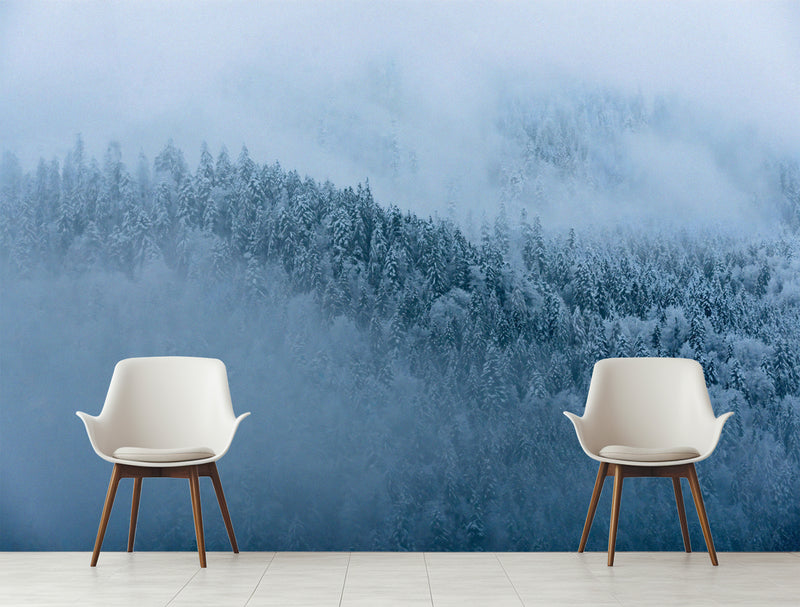Art Design Vinyl Wallpaper Peel and Stick  Wall Mural Foggy Pine Forest for Living Room, Bedroom, Calming Print for Office or Personal Study🌲🌫️