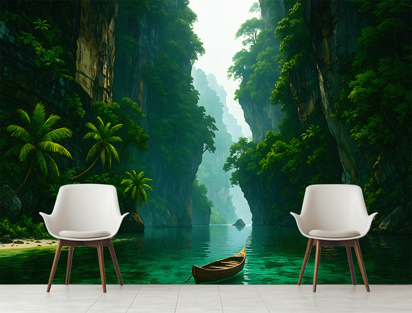 Art Wallpaper For The Whole Wall, Peel and Stick Wall Mural For Office, Print For Living Room, Poster For Bedroom "Mysterious Tropical Passage" 🌿