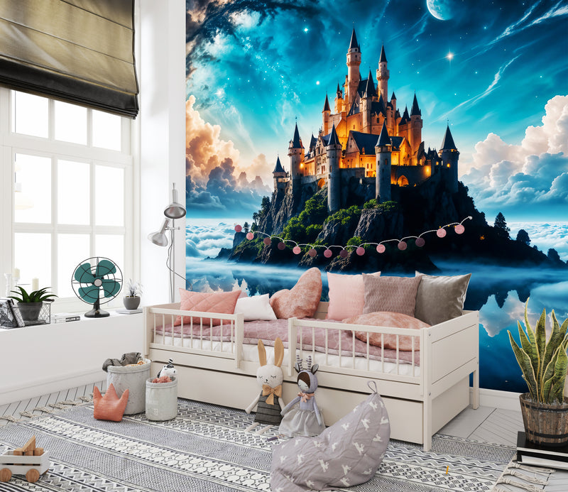 High-Quality Non-Woven Photo Wallpaper, "Heavenly Fairytale: Castle In The Clouds" Full Wall Print For Kids' Room