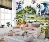 Self-Adhesive Full Wall Wallpaper For Kids Room, For Kindergarten "Dragon Family" Fairytale Print