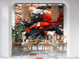 Japanese Koi Fish Wall Mural - Zen Red Sun & Cherry Blossom Ink Art Peel and Stick Wallpaper