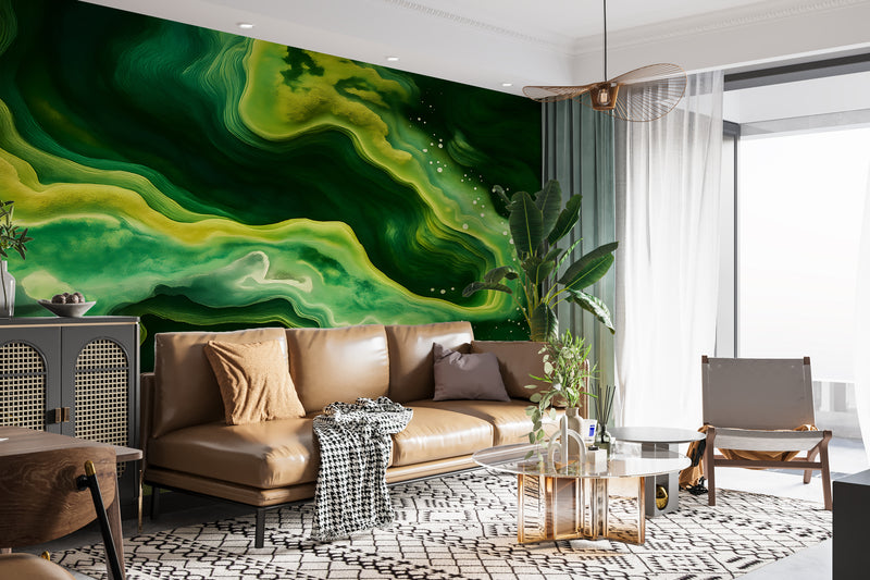 Bright Abstraction Self-Adhesive Wallpaper For Living Room, Bedroom, Office Dark Green Color Color Overflows ✨