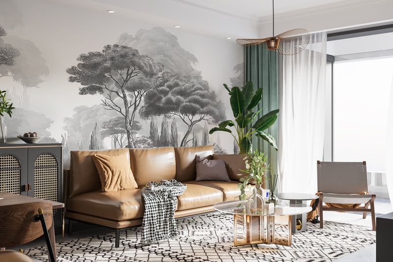 Vintage Style Art Print Graphic Non-Woven Wallpaper Black And White, Grey Shade For Office, Living Room, Bedroom 'Black And White Landscape: Forest Harmony' 🌲