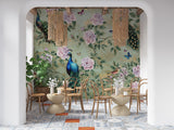 Self-Adhesive Wall Mural “Vintage Peacocks Among Roses” for Living Room