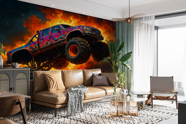 Car Print Peel and Stick Wall Mural for Full Wall in Hall, Office, Living Room "Monster Truck: Flame of Danger" 🔥🚙