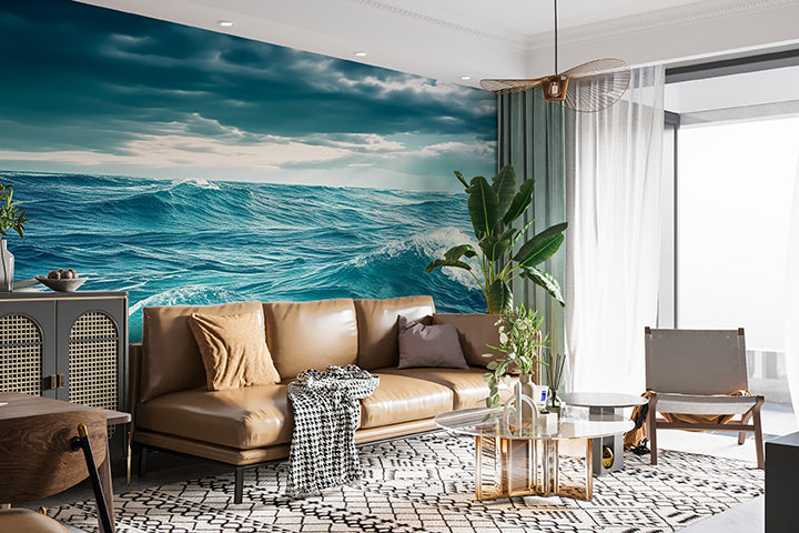 "Nature Print Modern Non-Woven Wallpaper for Bedroom, Lounge Area — 'Blue Sea Waves'"