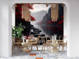 Moody Japanese Zen Garden Wall Mural - Dark Mist Mountains Peel and Stick Wallpaper
