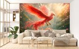 Wallpaper With Bird For Living Room, Relaxation Area, Meditatio Peel and Stick Mural ‘Flight Of The Phoenix In Sakura Blossoms’ Art Wall🌸🔥🕊️