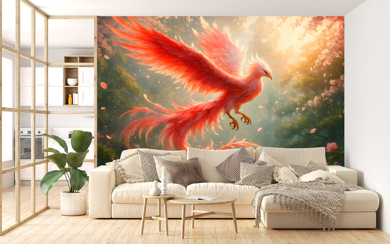 Wallpaper With Bird For Living Room, Relaxation Area, Meditatio Peel and Stick Mural ‘Flight Of The Phoenix In Sakura Blossoms’ Art Wall🌸🔥🕊️