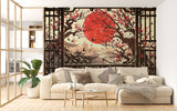 Vintage Japanese Style Wallpaper For Living Room "View From The Window To The Red Sun" Art Wall Self-Adhesive Artistic Wall Mural For Bedroom, Workspace, Office 🌅