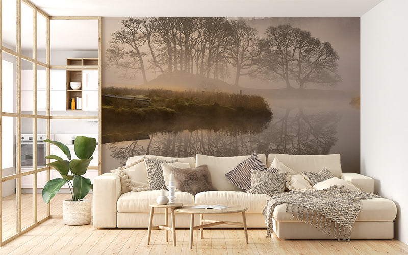 Nature Lake Wallpaper Boat Near Foggy Lake Vinyl Wallpaper Peel and Stick For Living Room, Bedroom, Relaxation Area