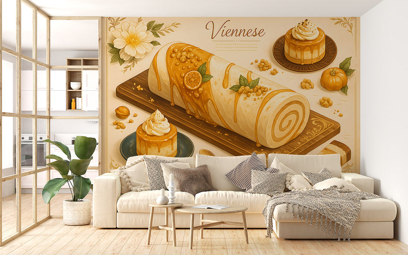 Wall mural for kitchen "Pumpkin Desserts" – full wall self-adhesive wallpaper, art design for cafes in French cuisine style 🍰