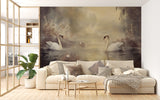 Vintage Wall Mural Romantic Motif Self-Adhesive Full Wall Wallpaper Art Print Swan Couple Print for Bedroom Living Room Design Pastel Colors for Relaxation Area Artistic Style 🕊️