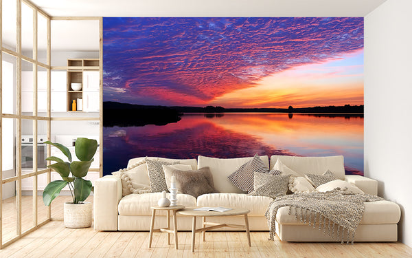 Nature Print Self-Adhesive Wall Mural for Living Room, Relaxation Area "Reflection of Clouds in the Lake" Accent Wall Decor