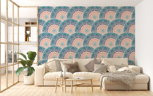 Indian print Pastel colors Full wall Peel and Stick Mural for living room Art wall for bedroom Relaxation area design "Mandala" accent wall