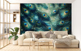 Peacock Feather Abstract Peel and Stick Wall Mural – Elegant Botanical Wallpaper in Teal Tones