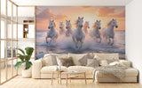 White Horses Running on the Ocean at Sunset – Non-Woven Wall Mural, Majestic Coastal Horse Wallpaper