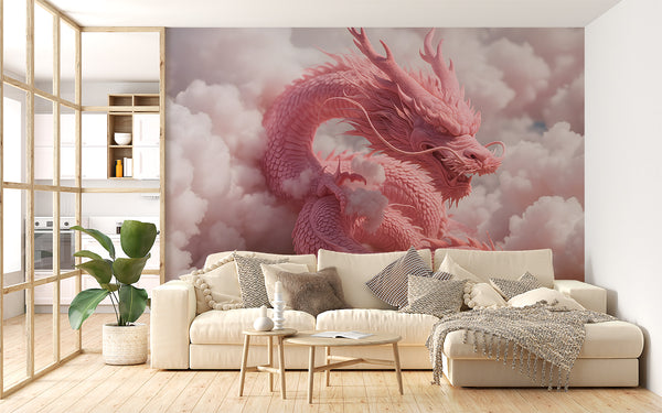 3D Wallpaper In Pastel Colors Self-Adhesive Wallpaper For Living Room, Print For Bedroom 'Pink Dragon In The Clouds' For Kids Room, Design For Relaxation Area 🐉