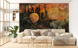 Futuristic Dystopian Cityscape Wall Mural – Surreal Sunset Abstract Peel and Stick Wallpaper, Living Room Art Print, Modern Office Design Decor