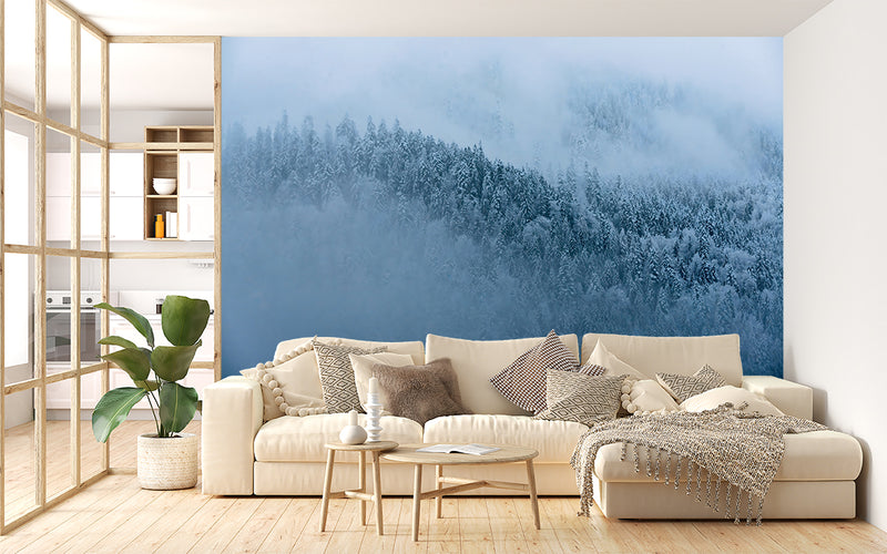 Art Design Vinyl Wallpaper Peel and Stick  Wall Mural Foggy Pine Forest for Living Room, Bedroom, Calming Print for Office or Personal Study🌲🌫️