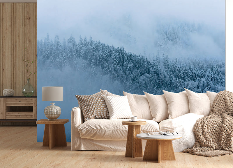 Art Design Vinyl Wallpaper Peel and Stick  Wall Mural Foggy Pine Forest for Living Room, Bedroom, Calming Print for Office or Personal Study🌲🌫️