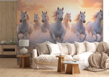 White Horses Running on the Ocean at Sunset – Non-Woven Wall Mural, Majestic Coastal Horse Wallpaper