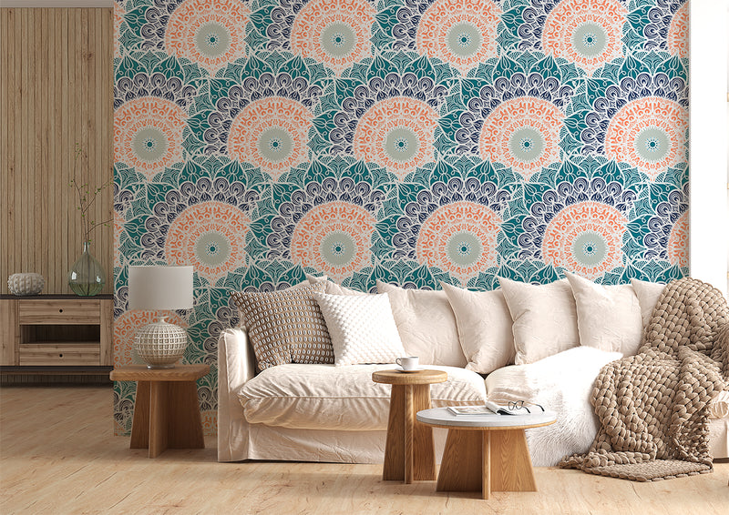 Indian print Pastel colors Full wall Peel and Stick Mural for living room Art wall for bedroom Relaxation area design "Mandala" accent wall