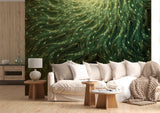 Green Spiral Energy Peel and Stick Wallpaper – Abstract Flowing Light Pattern Wall Mural for Bedroom, Playroom, and Creative Spaces