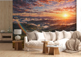 Non-Woven Wallpaper Panoramic Mountain Sunset Wall Art with Rainbow for Bedroom