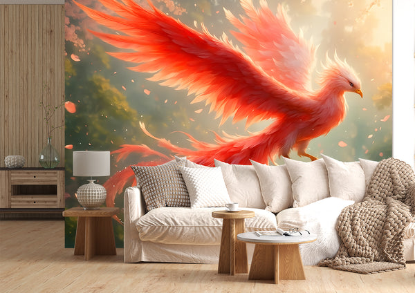 Wallpaper With Bird For Living Room, Relaxation Area, Meditatio Peel and Stick Mural ‘Flight Of The Phoenix In Sakura Blossoms’ Art Wall🌸🔥🕊️