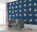 Kids Wall Murals Underwater Theme, Self-Adhesive Full Wall Wallpaper “Funny Sharks” Art Wall for Children’s Playroom 🦈💙