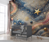 Celestial Abstract Peel and Stick Wall Mural – Cosmic Gold and Blue Art Wallpaper