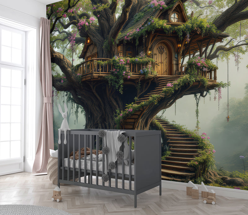 Children’s Dream Fantasy-Themed Mural Desing, Self-Adhesive Kids Wallpaper, Nursery Room Print, ‘Treehouse’ Wall Art