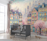 Whimsical Spring Town Wall Mural – Colorful Fantasy Houses Peel and Stick Wallpaper