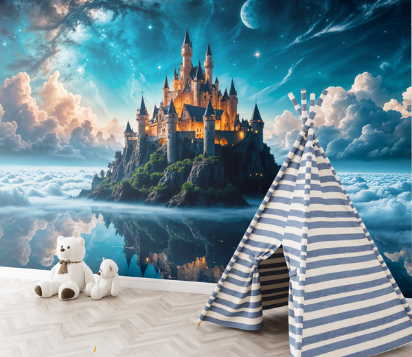 High-Quality Non-Woven Photo Wallpaper, "Heavenly Fairytale: Castle In The Clouds" Full Wall Print For Kids' Room