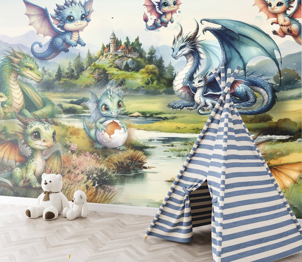 Self-Adhesive Full Wall Wallpaper For Kids Room, For Kindergarten "Dragon Family" Fairytale Print