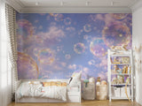 Dreamy Iridescent Bubbles Wall Mural - Pastel Sky & Soft Clouds Peel and Stick Wallpaper