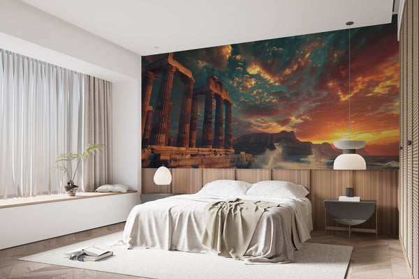 Vinyl Peel and Stick Wall Mural For Living Room Or Bedroom "Ancient Ruins On The Coast At Sunset"