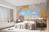 Pastel Cute Cats Peel and Stick Wallpaper – Kawaii Cat Circle Sky & Grass Wall Mural for Kids Room