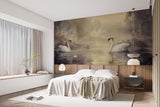 Vintage Wall Mural Romantic Motif Self-Adhesive Full Wall Wallpaper Art Print Swan Couple Print for Bedroom Living Room Design Pastel Colors for Relaxation Area Artistic Style 🕊️