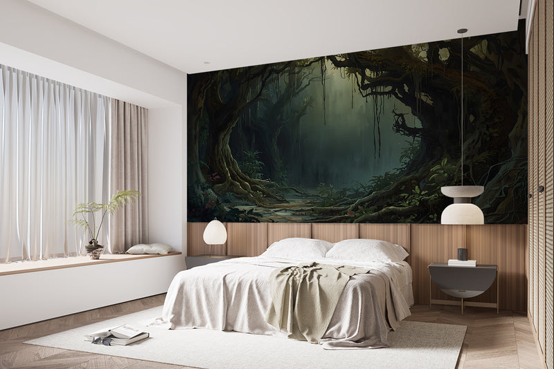 Traditional wallpaper Misty forest thickets, mystical atmosphere for bedroom, living room, or office Accent wall, Art Wall