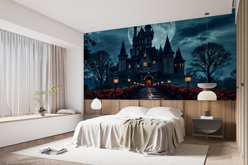 Gothic Style Peel and Stick Wall Mural for Living Room, Bedroom, or Home Office – "Rose Alley on a Gothic Night"