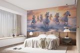 White Horses Running on the Ocean at Sunset – Non-Woven Wall Mural, Majestic Coastal Horse Wallpaper