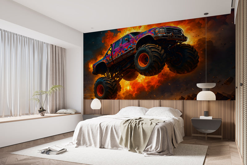 Car Print Peel and Stick Wall Mural for Full Wall in Hall, Office, Living Room "Monster Truck: Flame of Danger" 🔥🚙